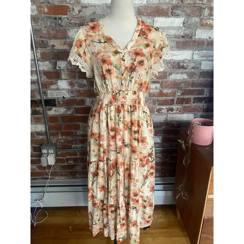 Polagram Floral Cottagecore Maxi Dress Medium Lace Trim Boho V-Neck with Pockets